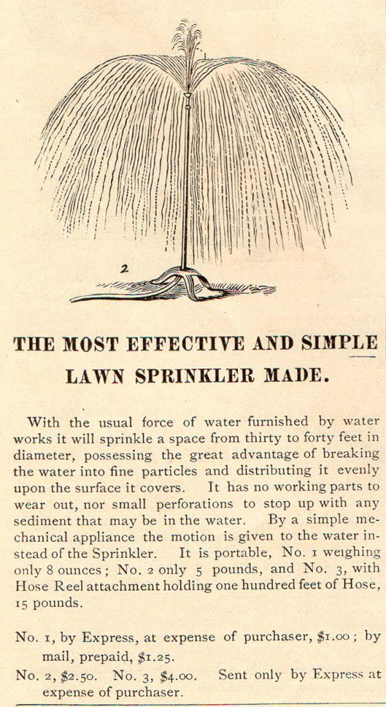 Lawn sprinker featured in James Vick's 1880 seed catalog.